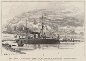 HMS Blake, o cruzador protegido lançado recentemente em Chatham, no porto de Portsmouth