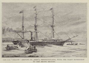 O SS Falcon saindo de St. John&39;s, Newfoundland, com a Expedição Peary para as regiões do Ártico de Charles William Wyllie