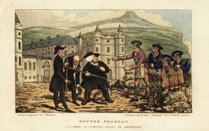 Um pedreiro escocês informa aos turistas ingleses que sua antiga espada ferrugenta de falchion é uma lâmina moderna de Andrea Ferrara em frente ao Holyrood Palace, Edimburgo.