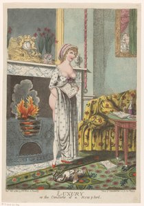 A mulher aquece-se junto à lareira, um livro na sua mão
Luxo ou os Conforto de um Rumpford (título sobre o objecto)