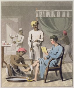 Um Gentleman Dressing, assistido por seu Head Bearer, e outros Servants, plate 4 de &39;The European in India&39;, publicado em 1813 (aquatinta colorido à mão)