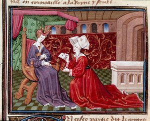 Uma criada com uma carta à Rainha Iseut (ou Isult) Miniatura tirada de "Romanesque du Chevalier Tristan" pelo Mestre Charles do Maine 1440-1460. Chantilly, Museu Conde