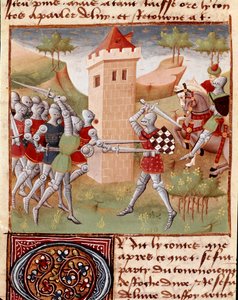 Cavaleiros de combate Lancelot du Lac Miniatura retirada de “” Roman du Chevalier Tristan”” pelo Mestre Charles de Maine (versão Beroul). 1440-1460. Chantilly, Museu Condé