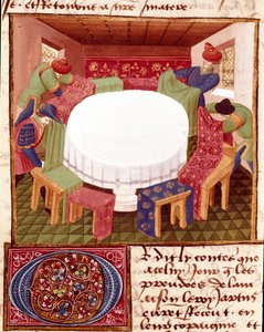 Preparativos da Távola Redonda à Chegada dos Cavaleiros Miniatura tirada de "Romanesque du Chevalier Tristan" pelo Mestre Charles de Maine (versão Beroul). 1440-1460. Chantilly, Museu Conde