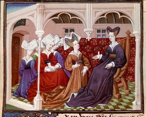 Rainha Iseult (ou Iseult) conversando com seus companheiros em miniatura de “” Romance of the Knight Tristan”” do Mestre Charles de Maine 1440-1460. Chantilly, Museu Conde