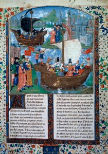 Tristan e Iseult (Isolde ou Yseult) deixam a Irlanda, Tristan bebe o filtro do amor. No fundo, os seus dois corpos são trazidos de volta à Irlanda. Miniatura do manuscrito ms. 103 f.1 O romance de Tristão" atribuído ao mestre Charles of Maine. 15º século