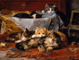 Gatinhos por uma cesta de costura (óleo sobre tela) de Charles van den Eycken