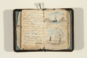 História começando com "Era uma vez uma menina e seu nome era Ane, c.1828 (caneta e tinta e aquarela sobre papel)