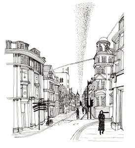 Cornmarket Street, 2019 (caneta e tinta) de Charlotte Orr