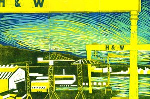 Harland & Wolff Cranes, Belfast, 2022 (linoprint) de Charlotte Orr