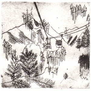 Montanhas Mayrhofen, 2015 (gravura a ponto seco e digital) de Charlotte Orr