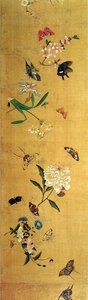Cem borboletas, flores e insetos, detalhes de um carrinho de mão de Chen Hongshou