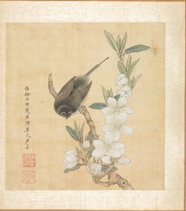 Pinturas após antigos mestres: um pássaro e um ramo de flor de pessegueiro de Chen Hongshou