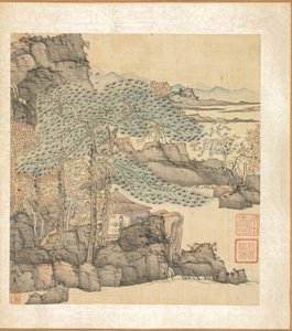 Pinturas segundo antigos mestres: leitura erudita em uma cabana de palha perto de uma cachoeira de Chen Hongshou