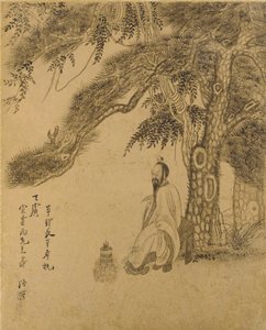 Preparando o Elixir sob um pinheiro, Qing dynasy, 1651 (tinta em papel dourado) de Chen Hongshou