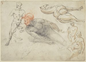 Estudos de nus masculinos e femininos, de um sátiro e de um camelo (anverso); estátua de Marco Aurélio (verso) de Cherubino Alberti