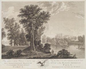 Vista do palácio em Gatchina do parque, 1799-1800 de Chessky