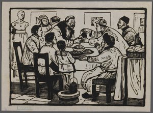 Vamos tomar uma bebida para comemorar a véspera de ano novo, c.1945 (xilogravura) de Chi Kwei Sung