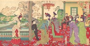 Um concurso de damas elegantes entre as flores de cerejeira Kaika kifujin kisoi, setembro..., setembro de 1887. de Chikanobu Yoshu