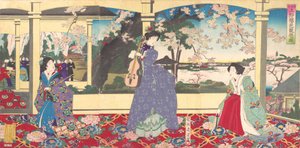Uma festa dançante: apreciando a visualização das flores de cerejeira em Ueno Tobukai Ueno oka yuran no z..., março de 1887.