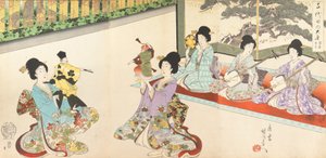 Damas de espera do Castelo de Chiyoda: prática de espada e fantoche Kyogen, 1895., 1895.