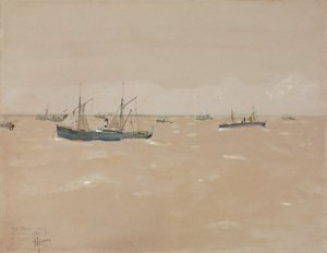 Vaporizadores de fruta a dar um sopro, ao largo da costa de Espanha de Childe Frederick Hassam