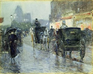Táxis puxados a cavalo à noite, Nova York, c.1890 (aquarela e guache sobre papel) de Childe Frederick Hassam