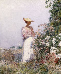 Senhora no jardim de flores de Childe Frederick Hassam