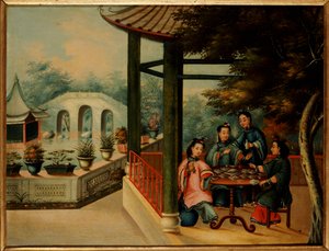 Uma cena de jardim chinês com damas tomando chá, meados do século XIX de Chinese School