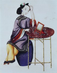 Uma mulher chinesa organizar seu cabelo, período de Qianlong (1736-96) de Chinese School