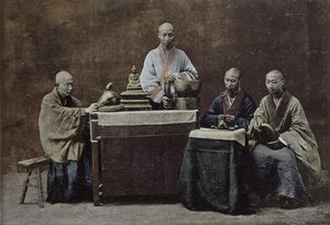 Um grupo de bonzos chineses; gravado e impresso por Gilot; 1896 pela escola chinesa, (século 19) de Chinese School