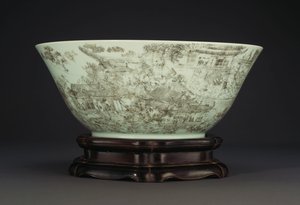 Uma grande tigela de porcelana incisa representando uma cena contínua de mulheres nos jardins do palácio, 1796-1820 de Chinese School