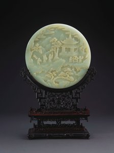 Uma tela de mesa circular de jade branco mostrando estudiosos se aproximando de um pavilhão de Chinese School