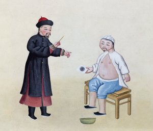 Um Acupunturista com seu paciente, c.1785 (wc no papel) de Chinese School