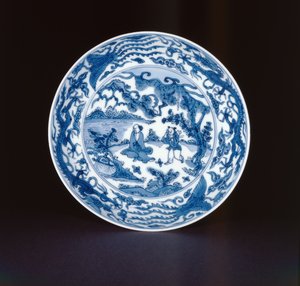 Prato azul e branco pintado com um sábio e atendente, marca Wanli e período, 1573-90 (porcelana)