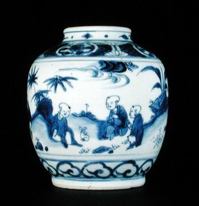 Jarra azul e branca pintada com um menino com uma lebre, Wanli ou Chongzheng, 1600-30 (porcelana) (ver 206093, 206094, 206096)