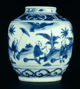 Frasco azul e branco pintado com meninos em jogo em cavalos de passatempo, Wanli ou Chongzheng, 1600-30 (porcelana) (ver 206093, 206095, 206096)