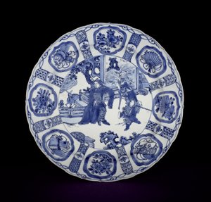 Prato de kraak azul e branco pintado com guerreiros, Wanli, 1590-1610 (porcelana)