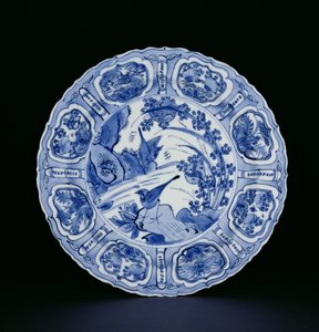 Placa de kraak azul e branco pintada com pássaros em uma paisagem, Egret mark, Wanli, 1595-1605 (porcelana) (ver 205991)