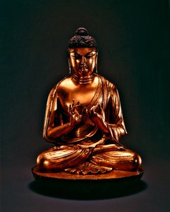 Buda Vairocana (Dari), dinastia Tang (618-907), início do século 8 (bronze com chumbo dourado) de Chinese School
