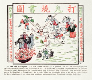 Queimando os livros cristãos venenosos que desprezam nossas tradições, nossos ancestrais, a sabedoria de nossos sábios e o Buda, 1891 de Chinese School