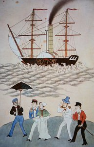 Pintura chinesa do primeiro navio a vapor britânico e passageiros a desembarcar no Cantão c.1840 (ver também 268028) de Chinese School