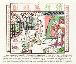 Porco cristão sendo serrado ao meio, enquanto um segundo é esmagado em um almofariz, punições aguardando convertidos ao cristianismo, 1891 de Chinese School
