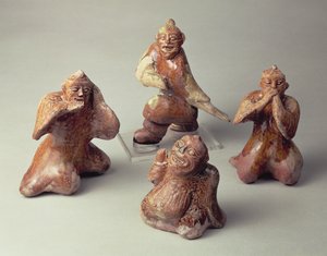 Início grupo de cerâmica chinesa de quatro artistas, artefato túmulo, dinastia Han, 25-220 dC (cerâmica) de Chinese School