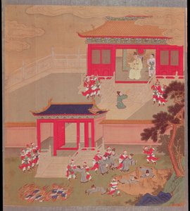 Imperador Chin Wang Ti (r.221-210 aC) que queima todos os livros chineses e joga os acadêmicos em uma profunda ravina, de uma história de imperadores chineses em 213 aC (cor sobre seda) de Chinese School