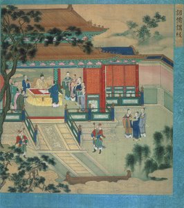 Imperador Hsien Ti (fl.189-220) com estudiosos que traduzem textos clássicos, de uma história de imperadores chineses (cor de seda) de Chinese School