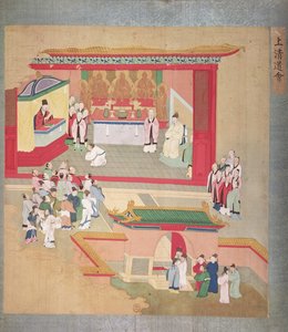 Imperador Hui Tsung (r.1100-26) praticando com a seita budista Tao-See, de uma História dos Imperadores da China (cor na seda) de Chinese School