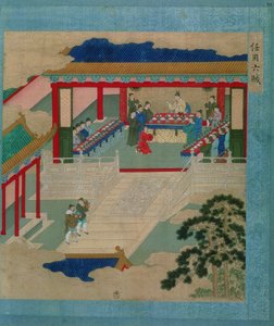 Imperador Hui Tsung (r.1100-26) participando de um festival em que ele bebe de um copo feito de pedras preciosas, de uma história de imperadores chineses (cor de seda) de Chinese School
