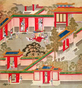Imperador Wu Ti (156-87, r.141-87 aC), deixando seu palácio, a partir de uma história de imperadores chineses (cor de seda) de Chinese School