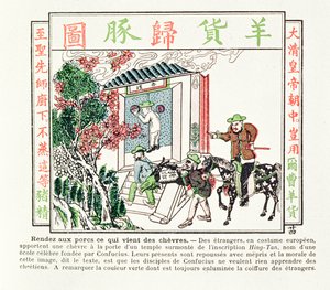 Estrangeiros europeus no portão de um templo de Confúcio - seu presente de um bode é recusado com desdém, 1891 de Chinese School